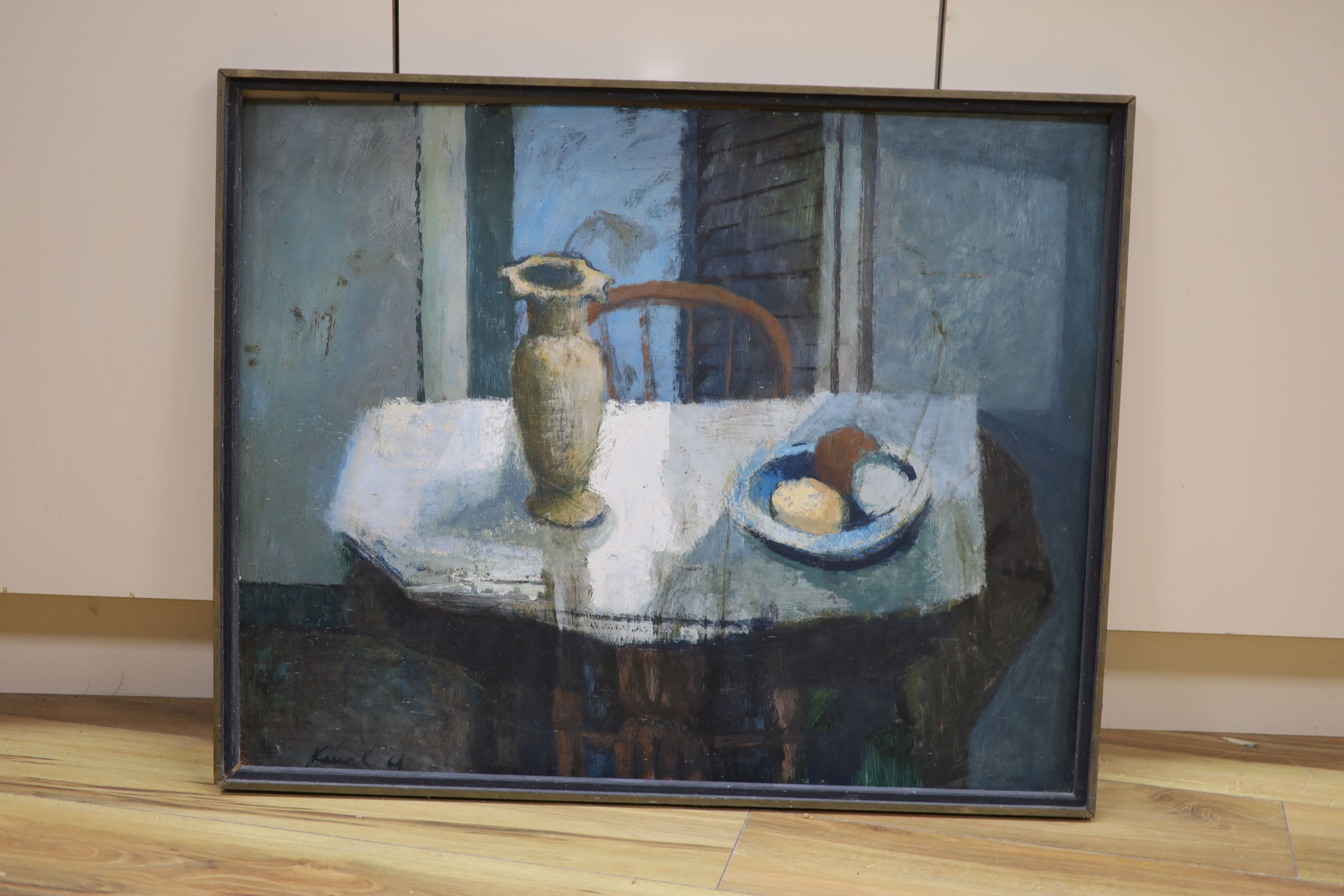 Modern British, oil on board, Table top still life with eggs and a vase, indistinctly signed and dated '64, 64 x 80cm